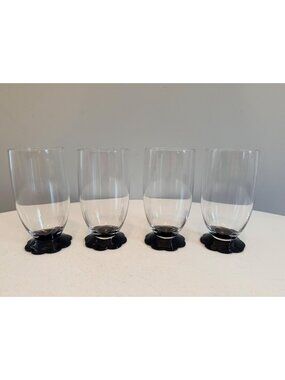 Vintage Weston Black Lily Pad Tumblers, Set of 4, Art Deco Scalloped Base Glass